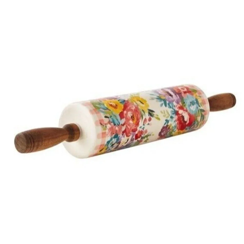 The Pioneer Woman Ceramic Rolling Pin Sweet Romance Blossom w/Acacia Handles NEW